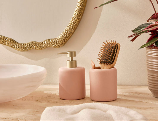 Dispenser para Sabonete Líquido Rosa Matte com Válvula Dourada