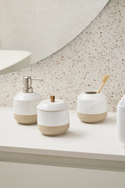 Conjunto em Cerâmica para Bancada 3 Peças Branco e Bege: Elegância Natural para Banheiros e Lavabos