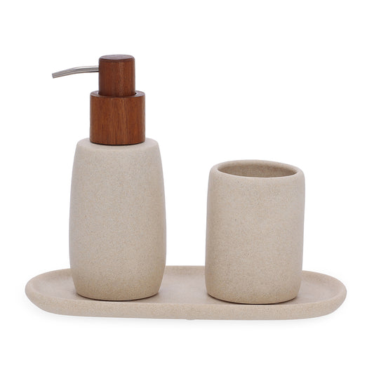 Conjunto de banheiro bege em polirresina e madeira - Design orgânico