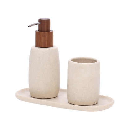 Conjunto de banheiro bege em polirresina e madeira - Design orgânico