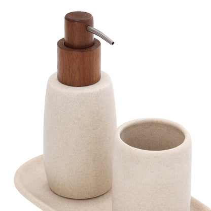 Conjunto de banheiro bege em polirresina e madeira - Design orgânico