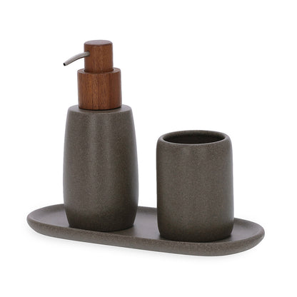 Conjunto de Acessórios para Banheiro Grafite e Madeira