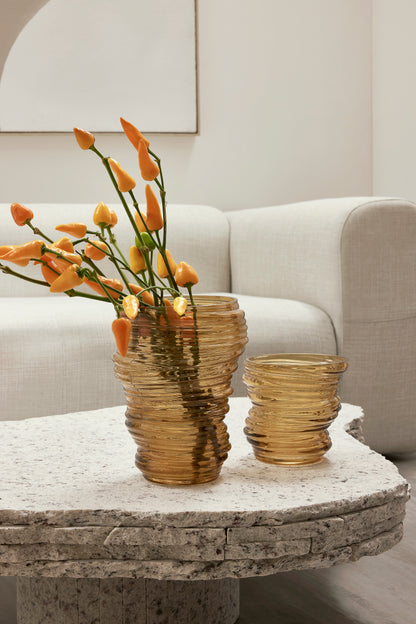 Vaso Decorativo de Vidro Transparente Âmbar Design Ondulado Moderno