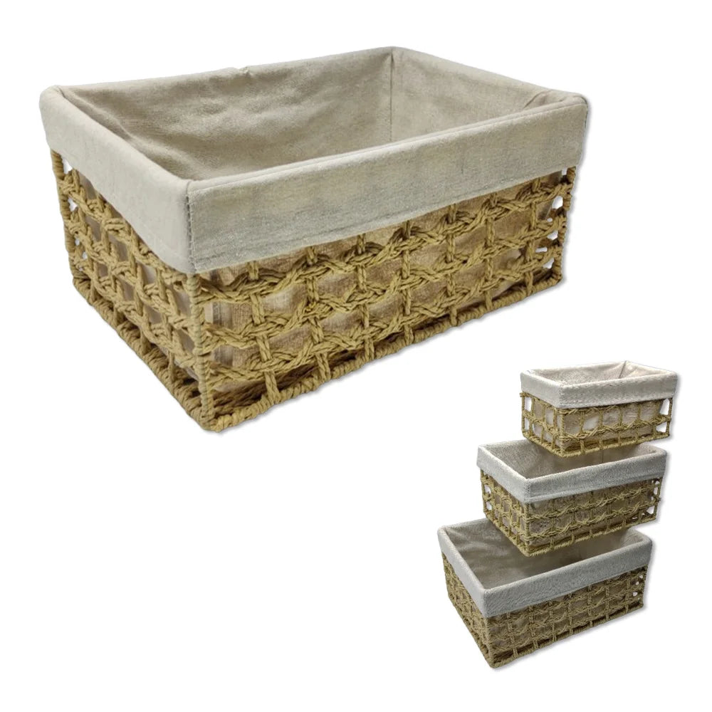 Cesto quadrado em corda de papel com estrutura em metal e ferro removível